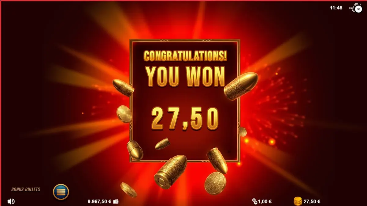 Tampilan layar slot Bonus Bullets dengan nuansa noir dan revolver emas