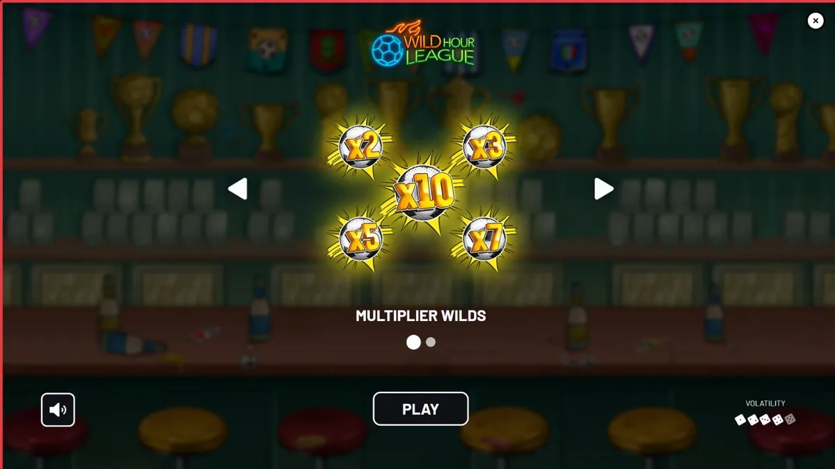 Tampilan visual slot Wild Hour League dengan tema bar olahraga dan simbol sepak bola.